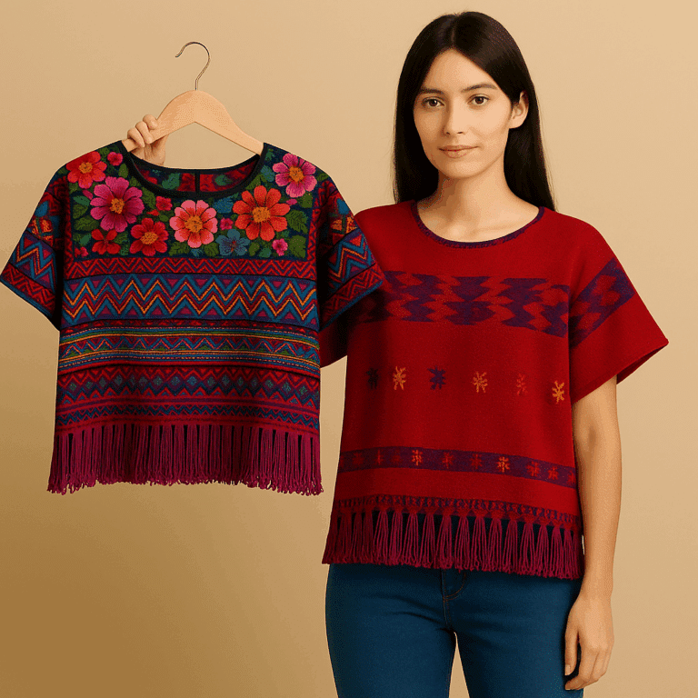 Guatemalan artisan wearing a red huipil and holding a handwoven traditional huipil with colorful patterns