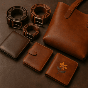 handmade Guatemalan leather belts, wallets and bags displayed on brown table
