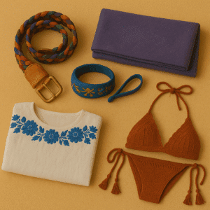 Handmade Guatemalan fashion items including an embroidered blouse, crochet bikini, woven leather belt, shawl, and embroidered headband, styled on a neutral background