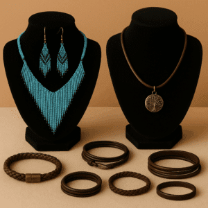 Guatemalan handmade beaded necklace and earrings displayed with artisan leather bracelets
