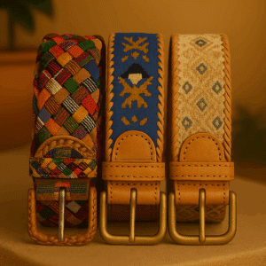 Three handcrafted leather belts featuring woven Mayan textile patterns