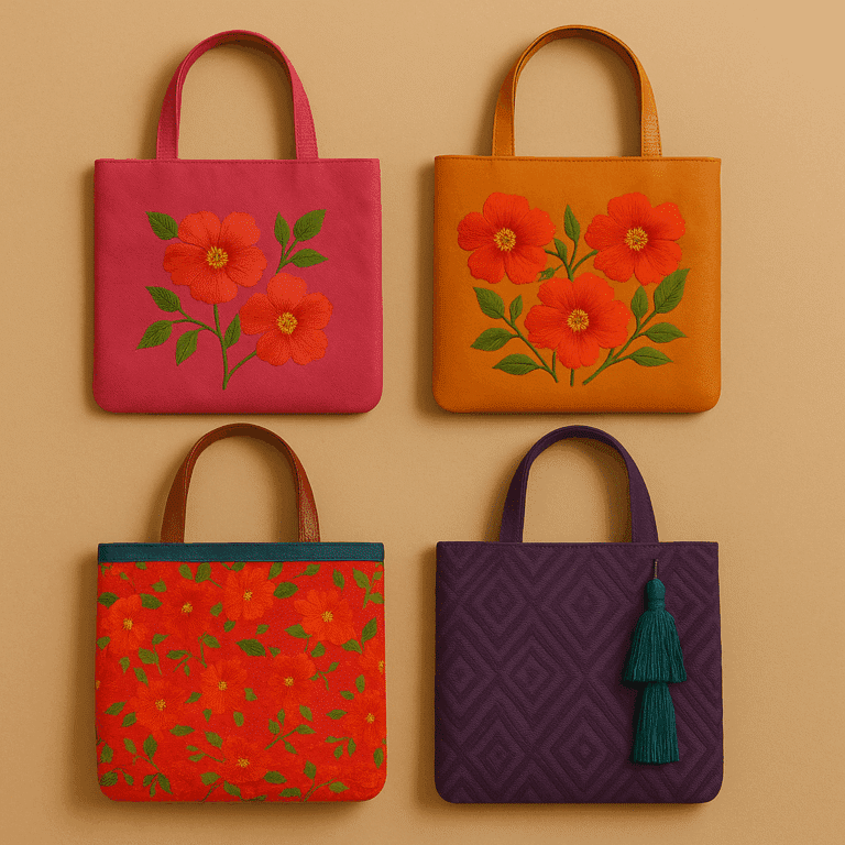 Flatlay of four handwoven and embroidered artisan bags with floral designs and textured fabrics