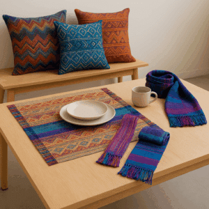 Guatemalan handwoven cushion covers, table runner and scarf displayed on wood table