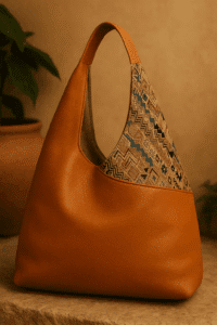 front view of handmade women's leather hobo bag with artisan textile