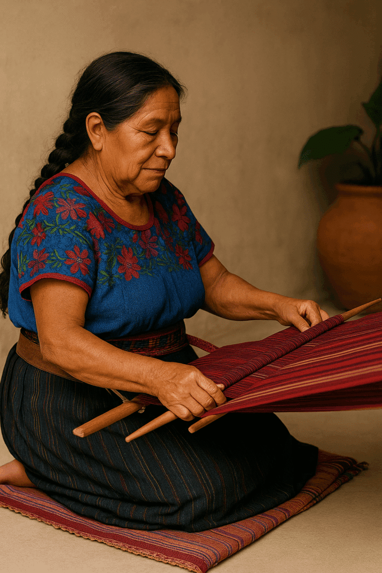 indigenous Guatemalan woman weaving on a backstrap loom for Mayan Craft