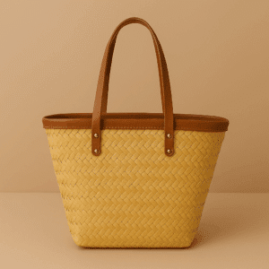 Handwoven straw beach tote with flat leather straps