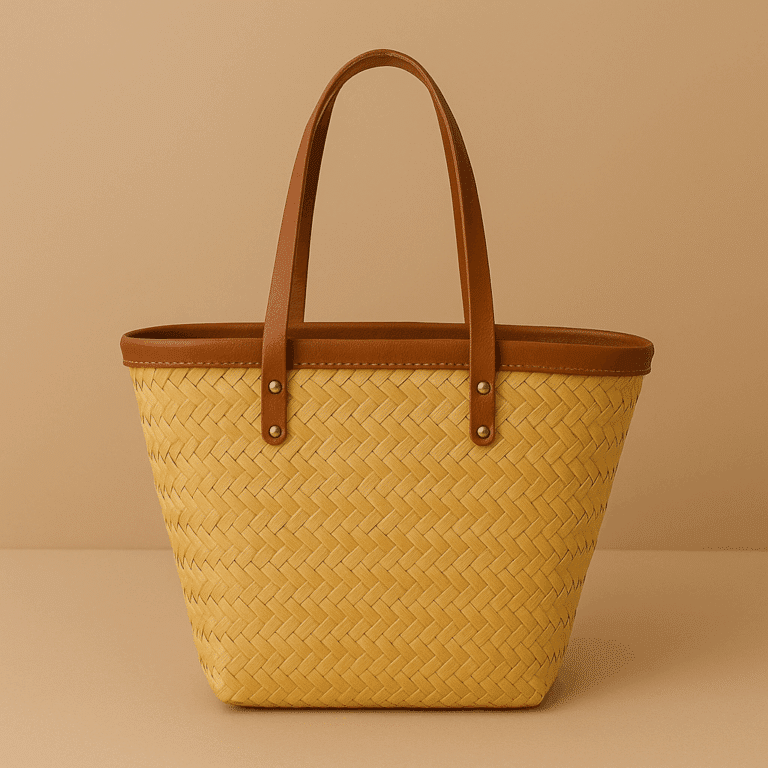 Handwoven straw beach tote with flat leather straps