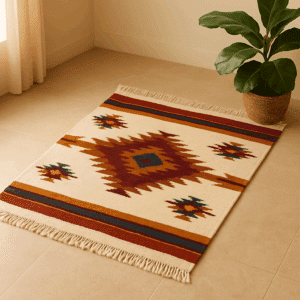 handwoven wool rug with traditional Guatemalan pattern in modern living room