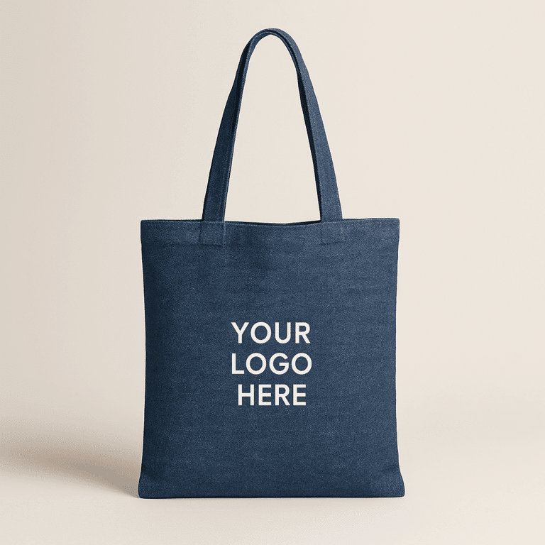 Handmade wholesale conference bag in dark denim with custom logo, made in Guatemala