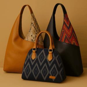 Three premium leather bags with handwoven Guatemalan textile inlays, displayed against a warm background