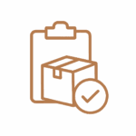 Outline icon of a clipboard with a check mark and a box, representing quality control