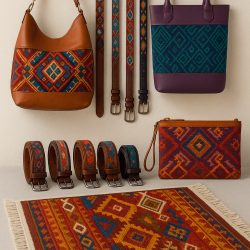 collection of handmade artisan products including leather bags, belts, and wool rug