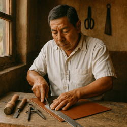 Guatemalan artisan crafting leather for customized handmade product orders