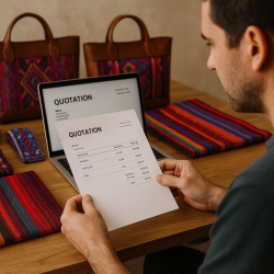 man reviewing artisan product quotation with handmade Guatemalan goods on table