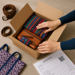 hands packing artisan leather goods and textiles for global delivery
